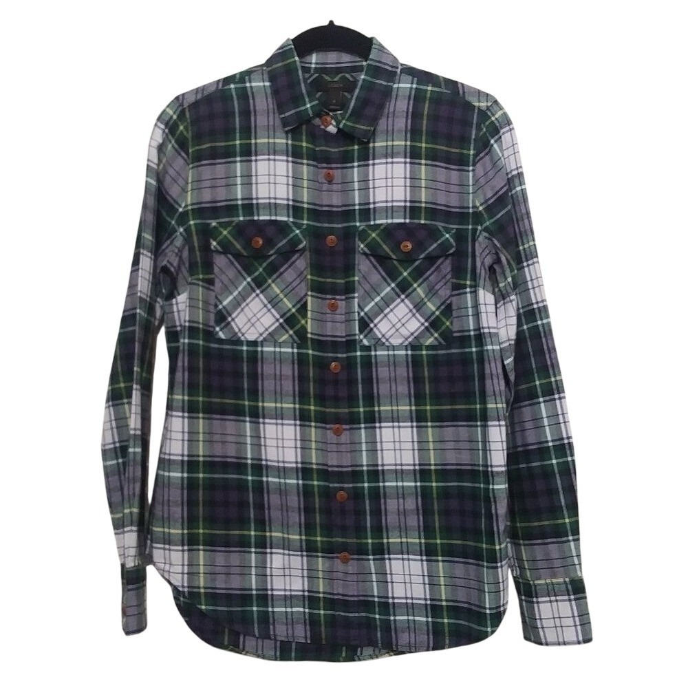 J.Crew Womens Green Navy White Plaid Flannel Button Down Shirt Size 0